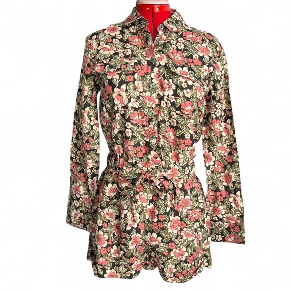 Outerknown Pink Green & Black Floral Romper Linen & Organic Cotton Size XS
